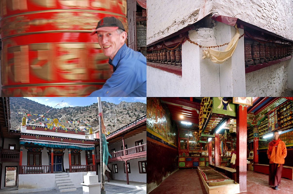 106 Marpha Gompa - Jerome Ryan Spins Prayer Wheel, Prayer Wheels, Main Temple, Young Monk Inside Gompa UL: At the entrance to the Marpha Gompa, Jerome Ryan spun a big prayer wheel, which was a present from the Dalai Lama over 100 years ago. UR: Prayer wheels outside the gompa. LL: Outside the main temple. LR: A young monk let me in the Marpha Gompa, and told me the gompa was about 400 years old. He said there are 225 books of the Tenjur (the canonical commentary), which were hand-written in Tibet.